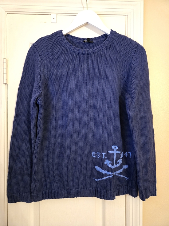 Talbots Sweaters - Talbots Blue Cotton Crewneck Sweater with Light Blue Anchor Size Large Petite